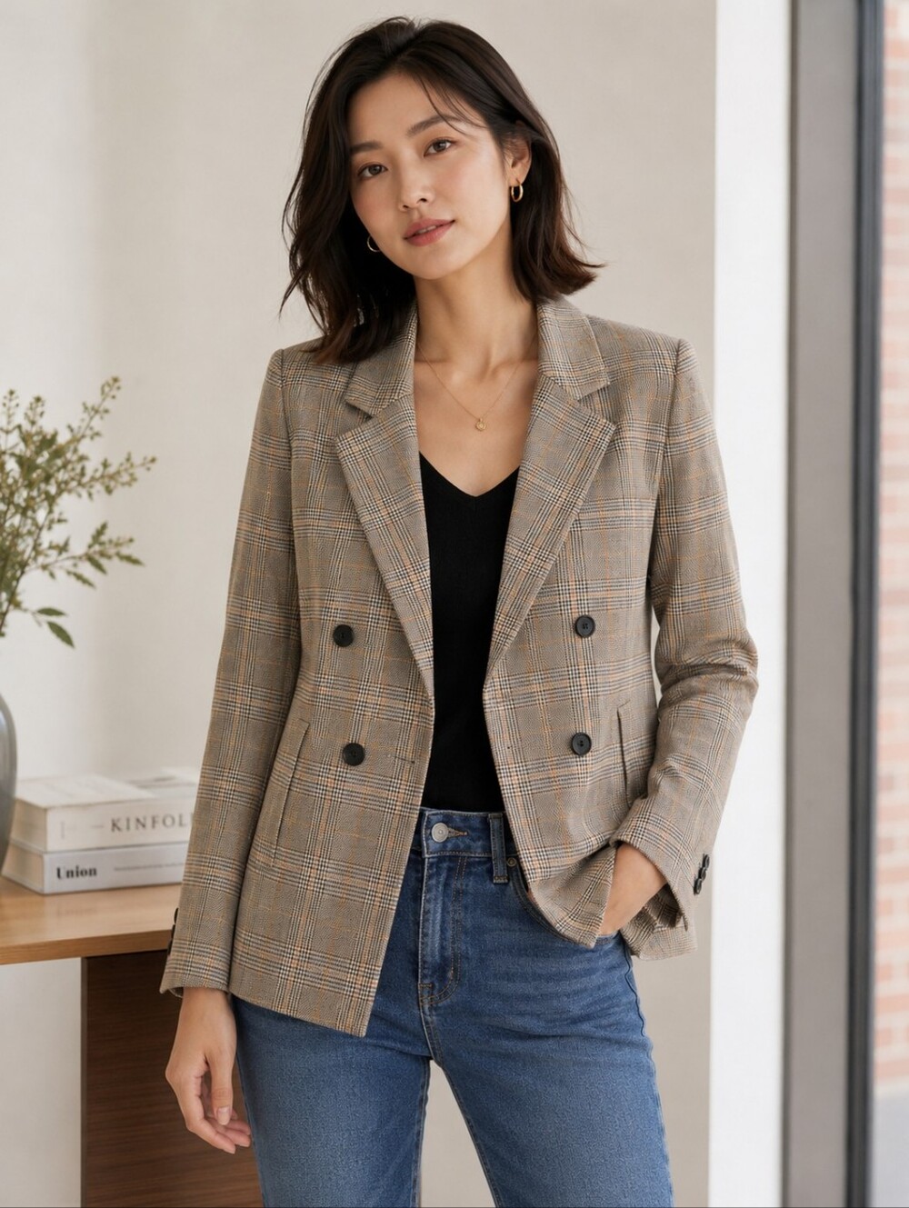 J.Ing Tan Plaid Oversized Blazer Size Large